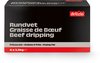 Zwarte doos met Delizio logo, tekst 'Rundvet Graisse de Boeuf Beef dripping', en '4 x 2,5kg e'.