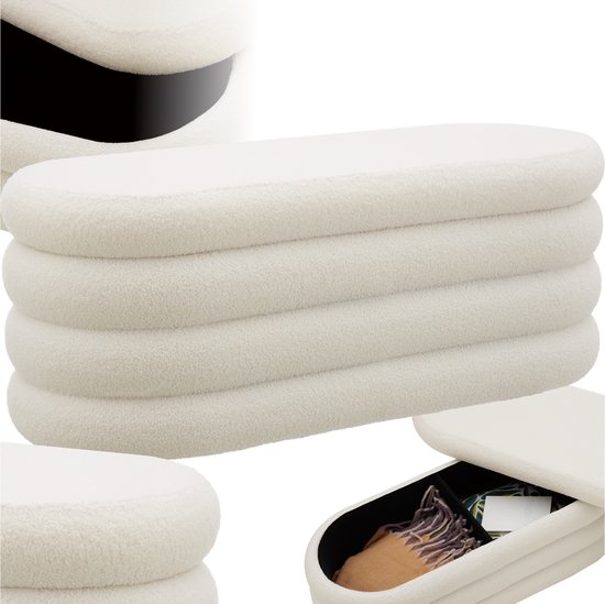 tectake® Gestoffeerde bank met opbergruimte – Stijlvolle en praktische poef voor woonkamer, hal of slaapkamer - Scandinavisch design - Comfort en functionaliteit in één meubelstuk - Boucle - Beige
