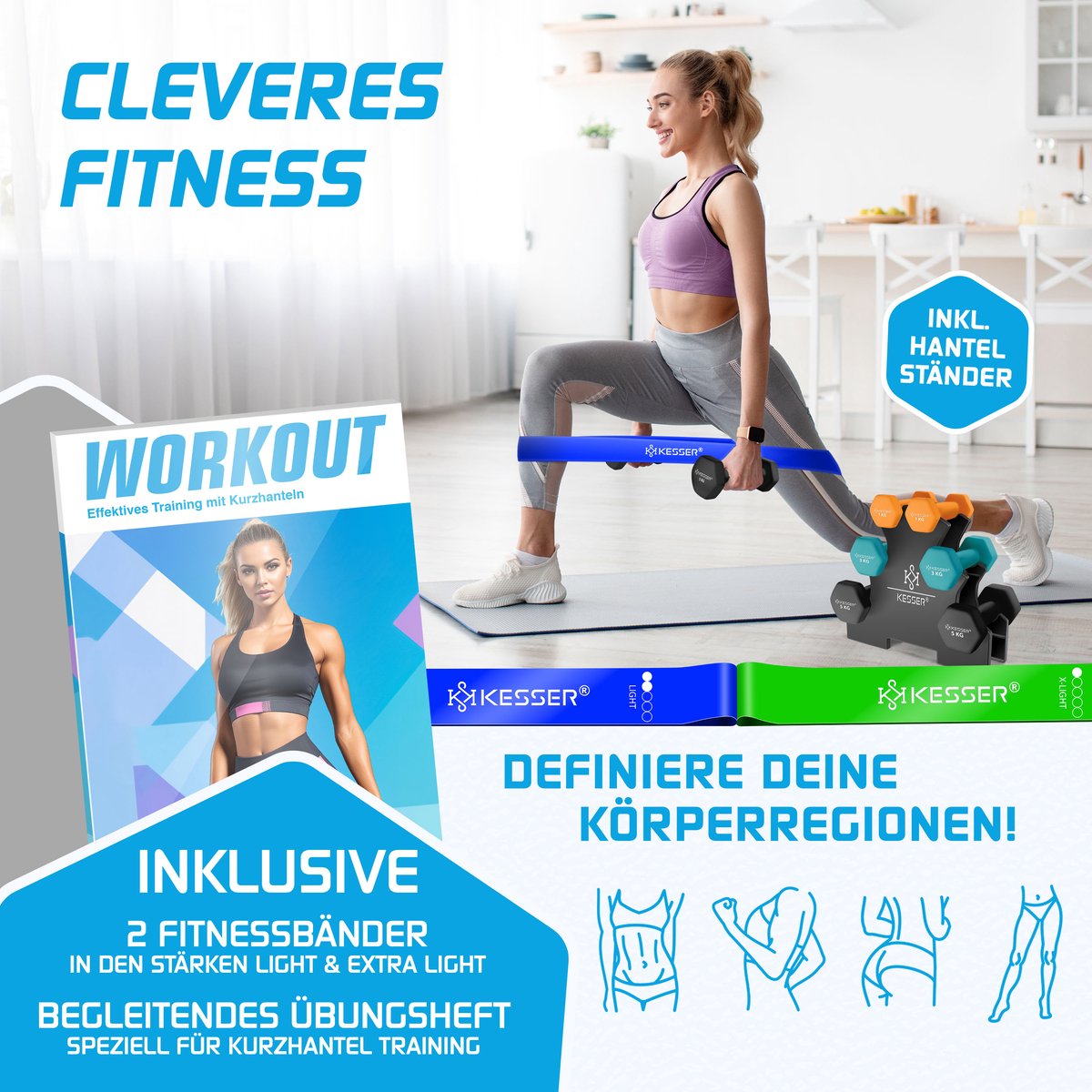KESSER® Dumbells Set 3 Paren (2x 1, 2 & 5kg) = 18 kg totaal | 6x Dumbbells verstelbaar Geschikt voor Fitness Zumba & Aerobics | Halters Gewichten Set met Standaard | Halterset met oefeningenboekje, 2x fitnessbanden – foto 2