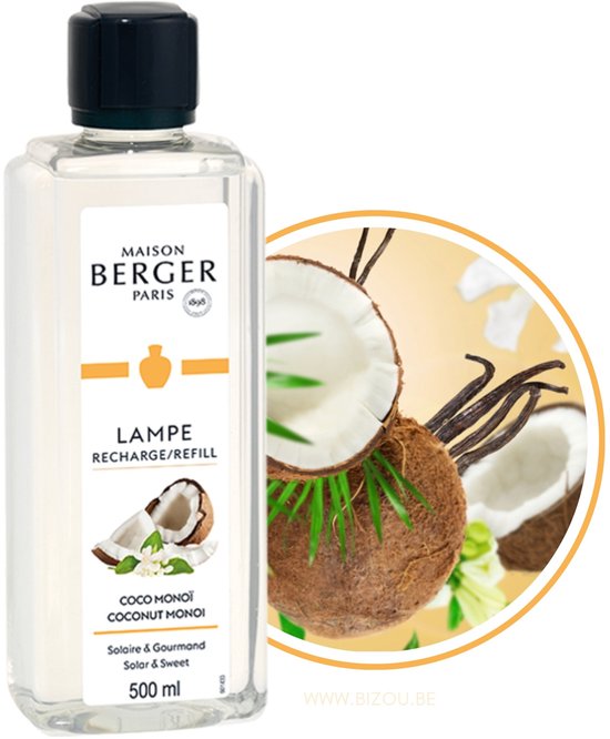 Lampe Berger navulling met coco monoi geur. Duidelijk flesje met zwart dopje. Afbeelding van kokosnoot, vanille en palmbladeren. 500 ml.