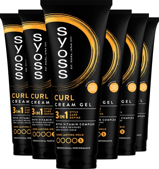 Zes zwarte tubes Syoss Curl Cream Gel, naast elkaar geplaatst.