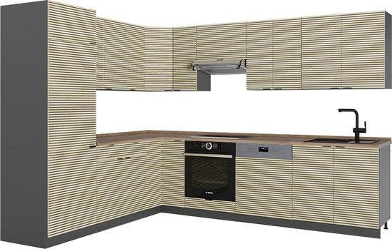 Vicco Fame- Cuisine d'angle Line – 287 x 60 cm, WB Chêne Panneau de Chêne /anthracite