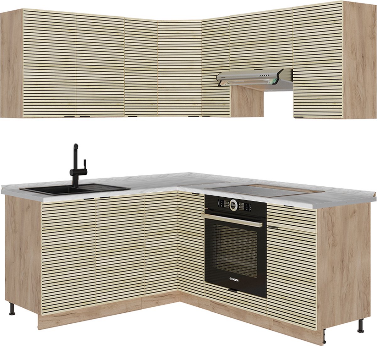 Vicco Hoekkeuken Fame-Line, Eiken paneel/Goudkleurig Eiken, 190 x 160 cm, WB Marmer