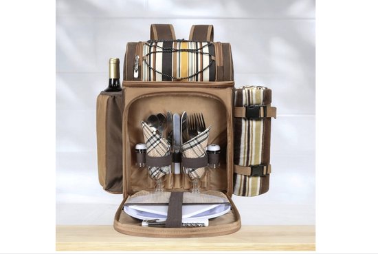 Panier pique-nique - Sac à dos - 2 personnes - comprenant compartiment isotherme, porte-bouteille, couverture polaire, set de couverts, etc.