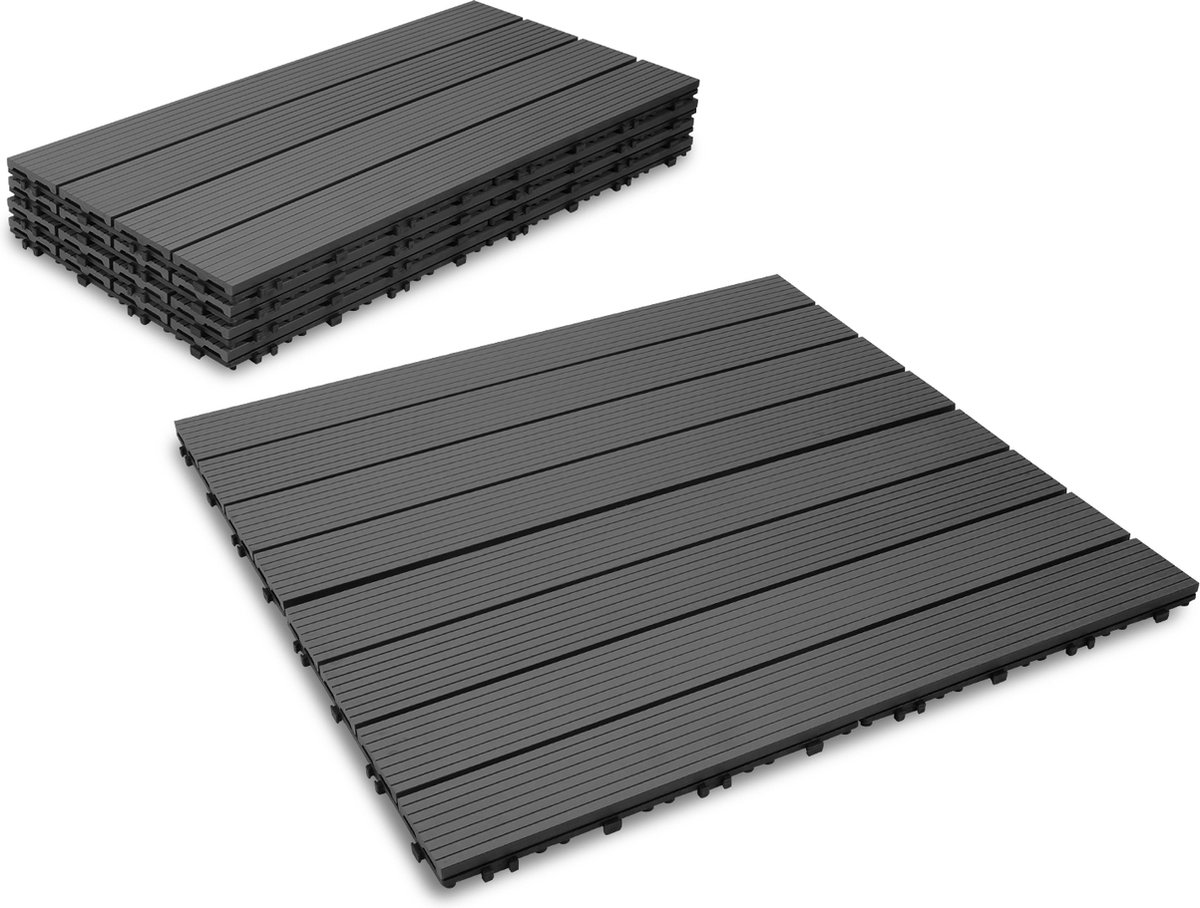 Terrastegels - 24 Stuks - 4 m² - WPC Composiet Kunststof - 60x30cm - 4 strepen - Antraciet - Makkelijke en Snelle Montage - Balkontegels - Vlondertegel Set - Onderhoudsvrij - Tuin, Balkontegels - Terrasplanken