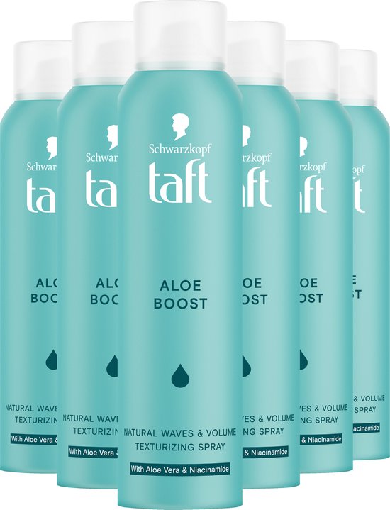 Zes mintgroene flessen Taft Aloe Boost texturizing spray naast elkaar.