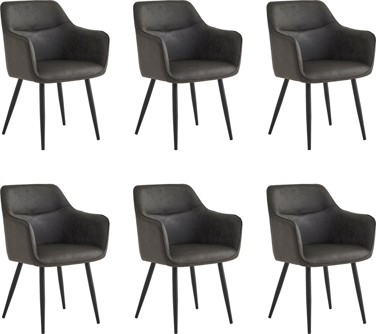 Colenis City Eetkamerstoel - Set Van 6 - Antraciet - Microfiber - Industrieel - Stoel - Design - Armleuningen