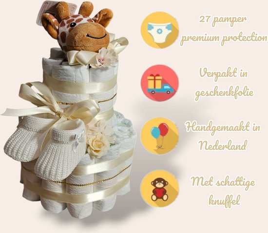 Luiertaart 2 laags - creme - giraf - slofje - 27 pampers — afbeelding 2