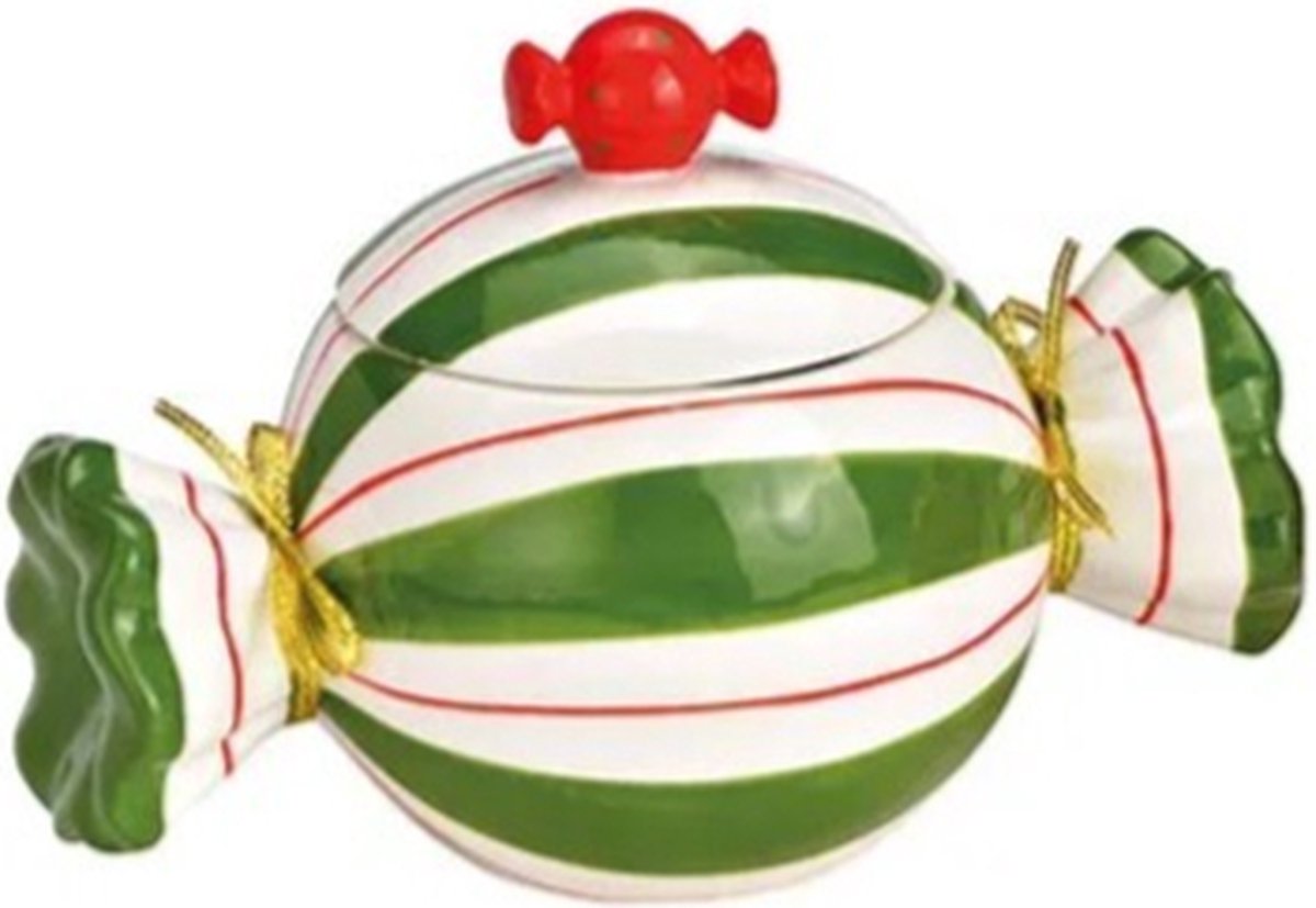 Snoeptrommel in de vorm van een kerstsnoepje groen en wit
