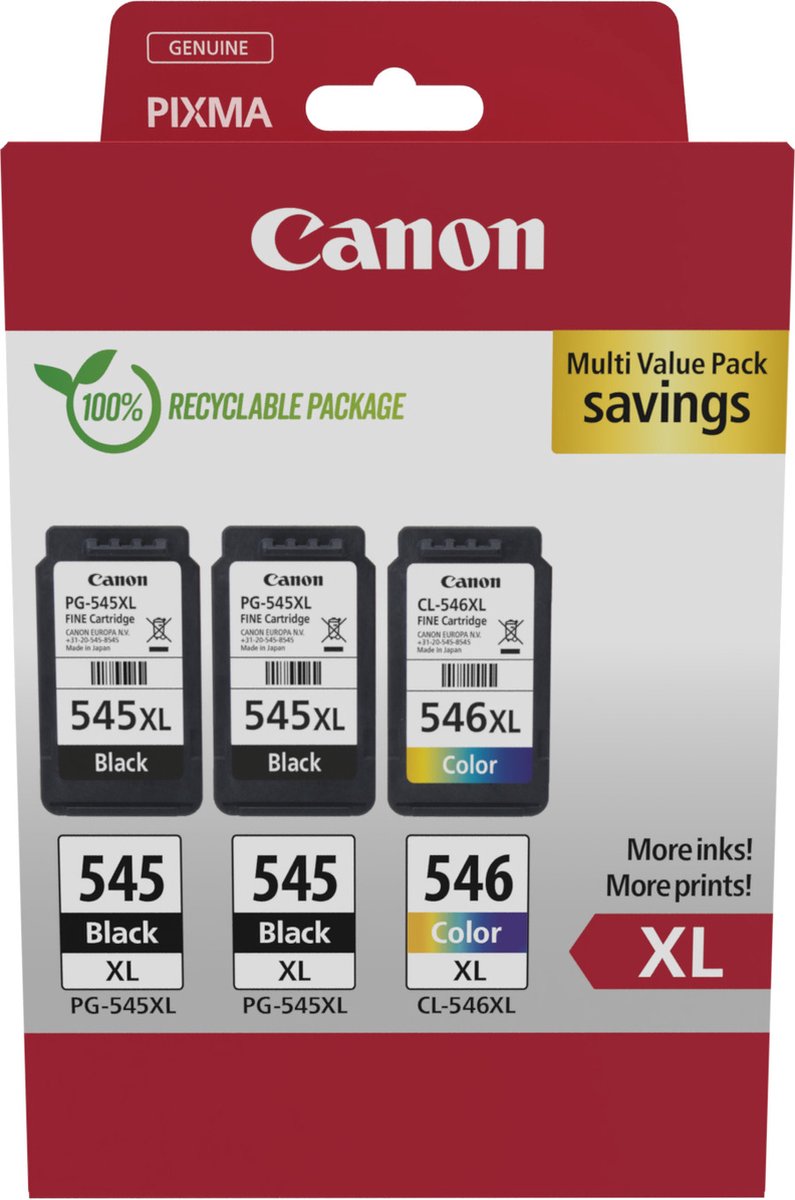 Canon inktcartridge 2 x PG-545XL + 1 x CL-546XL 300 - 400 pagina's OEM 8286B013 4 kleuren