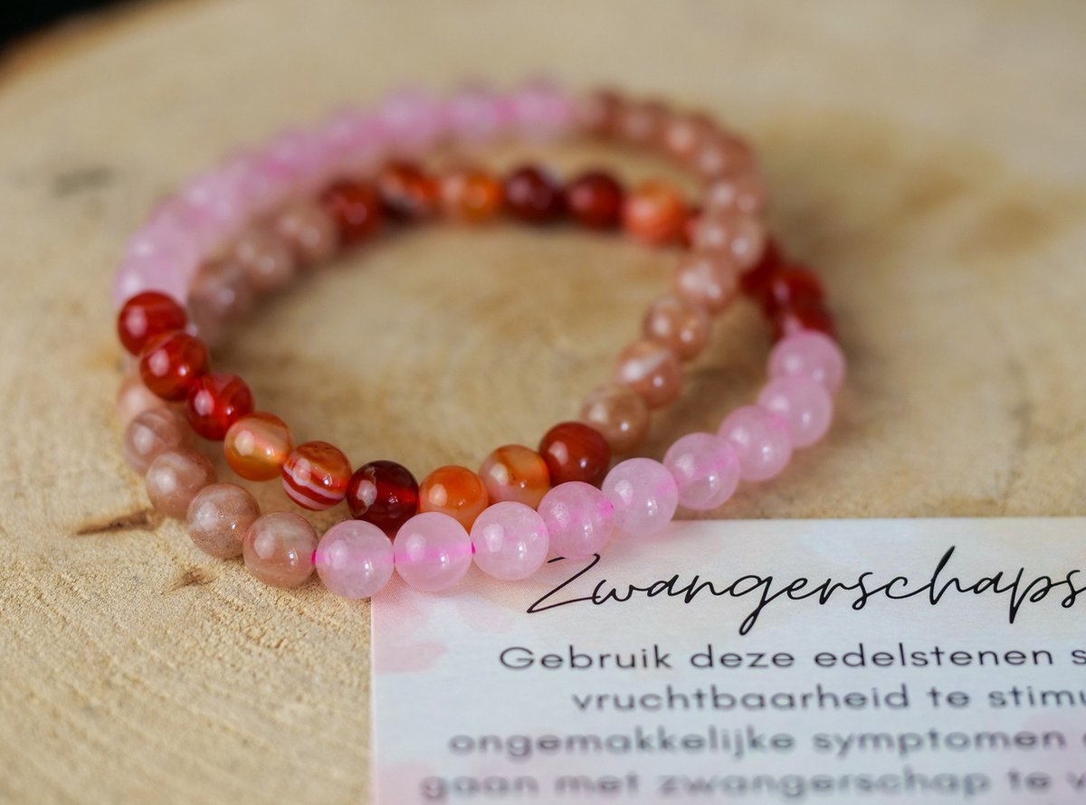 Zwangerschaps - Vruchtbaarheids Combinatie Armband, 6mm, Maansteen, Rozenkwarts, Carneool, edelstenen - Perfect cadeau voor vrouwen- Inclusief uitleg - Spiritueel - Moonstone, Carnelian, Rosequartz - 100% NATUURLIJK