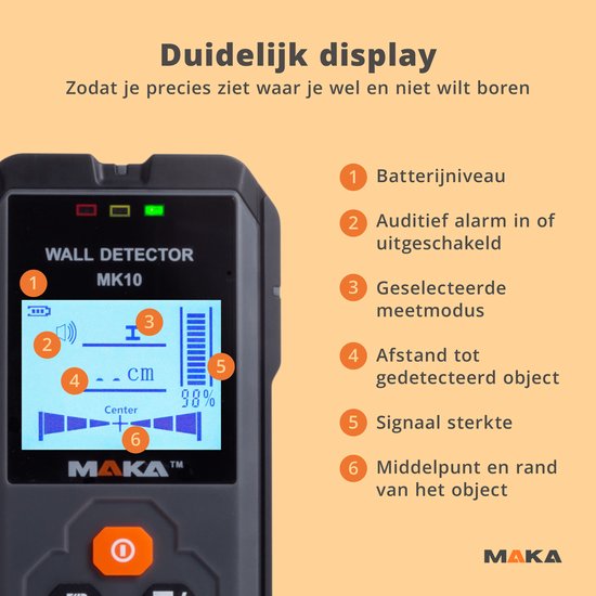 MAKA MK10 leidingzoeker met gedetailleerd digitaal display, met uitleg van symbolen.