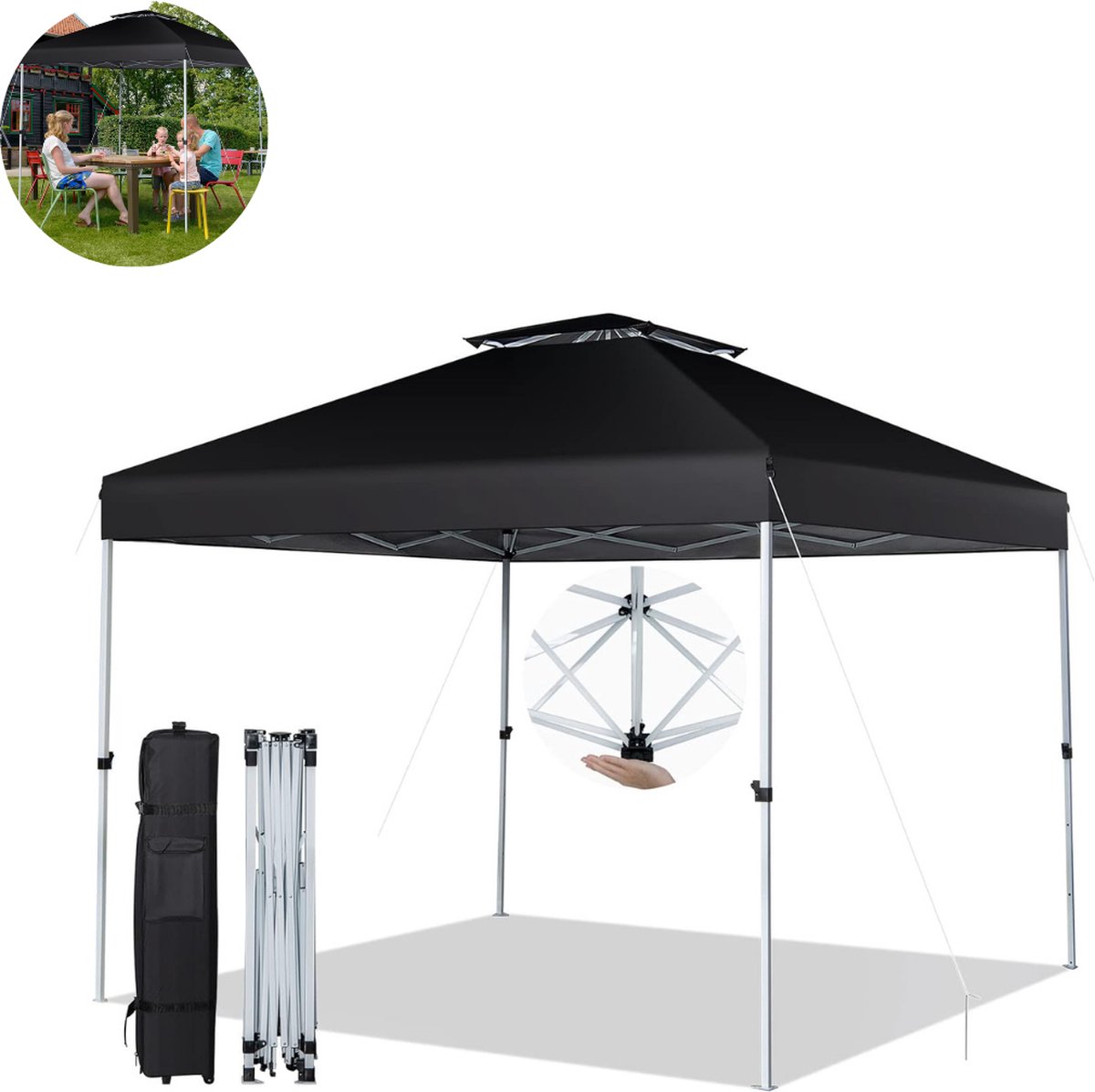 Partytent opvouwbaar - Paviljoen - 3 x 3 m - Easy up - Waterdicht - Weerbestendig - Zwart