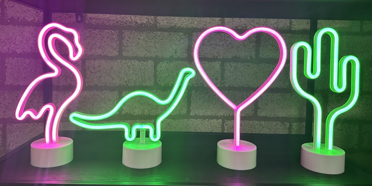 LED lampen met neonlicht - Set van 4 stuks - Flamingo / Dinosaurus / Hart / Cactus - roze/groen neon licht - Werken op batterijen en/of USB - Tafellamp - Nachtlamp - Decoratieve verlichting - Woonaccessoires