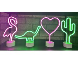 LED lampen met neonlicht - Set van 4 stuks - Flamingo / Dinosaurus / Hart / Cactus - roze/groen neon licht - Werken op batterijen en/of USB - Tafellamp - Nachtlamp - Decoratieve verlichting - Woonaccessoires LED lampen met neonlicht - Set van 4 stuks - Flamingo / Dinosaurus / Hart / Cactus - roze/groen neon licht - Werken op batterijen en/of USB - Tafellamp - Nachtlamp - Decoratieve verlichting - Woonaccessoires