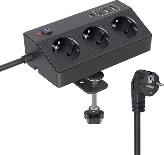 StayPowered Tafelstopcontact - Ultime Oplossing voor Uw Bureau - 7-in-1 Stekkerdoos - 2x USB-C (PD 20W) - 2x USB-A - 3x AC Stopcontacten - 180 Graden Draaibare Tafelklem - 2m Kabel - Overspanningsbeveiliging - Zwart - Levering Sneller dan Aangegeven!