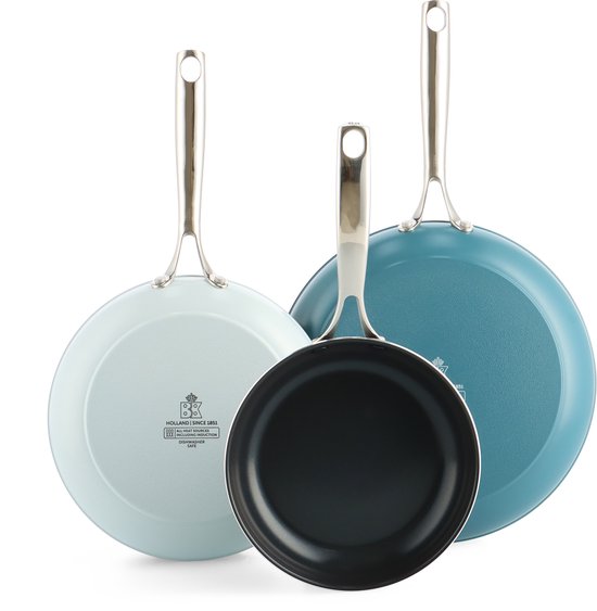 BK Sky Blue keramische inductie koekenpannenset 3 delig - Ø20/24/28cm - PFAS vrij – Inductie pannenset - Inductie koekenpan – Ovenbestendig tot 220°C – Vaatwasserbestendig – Snelle opwarming – RVS handgrepen - Blauw