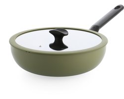 BK Enjoy Keramische Antiaanbak Wokpan met deksel Ø 28cm – 4.2L – PFAS-vrij – Inductie Wokpan – Ovenbestendig tot 160°C – Vaatwasserbestendig – Snelle opwarming – Koudgrepen - Olijfgroen