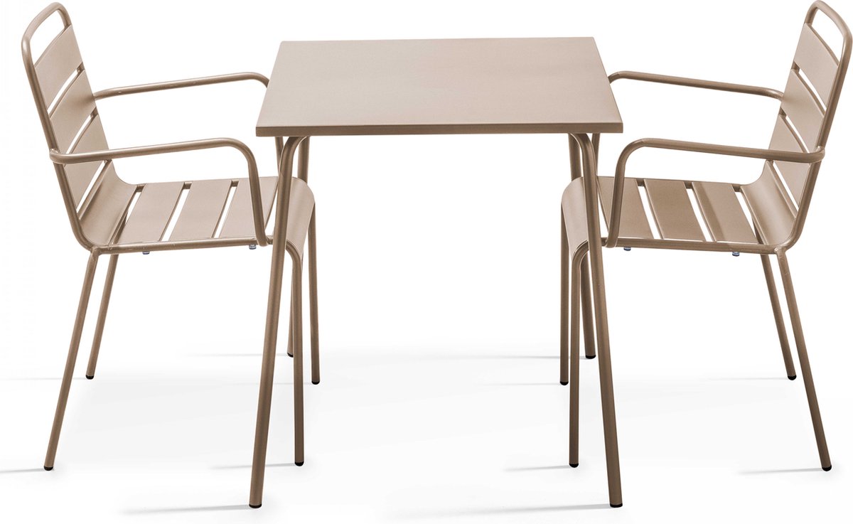 Oviala - Set van een vierkante tuin tafel en 2 taupe stalen fauteuils - Palavas