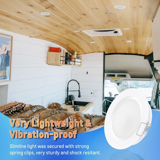 Plafonnier encastrable LED 8 x 12V - downlight spot plat 3000K - camping car caravane - cuisine salle de bain - aluminium blanc chaud