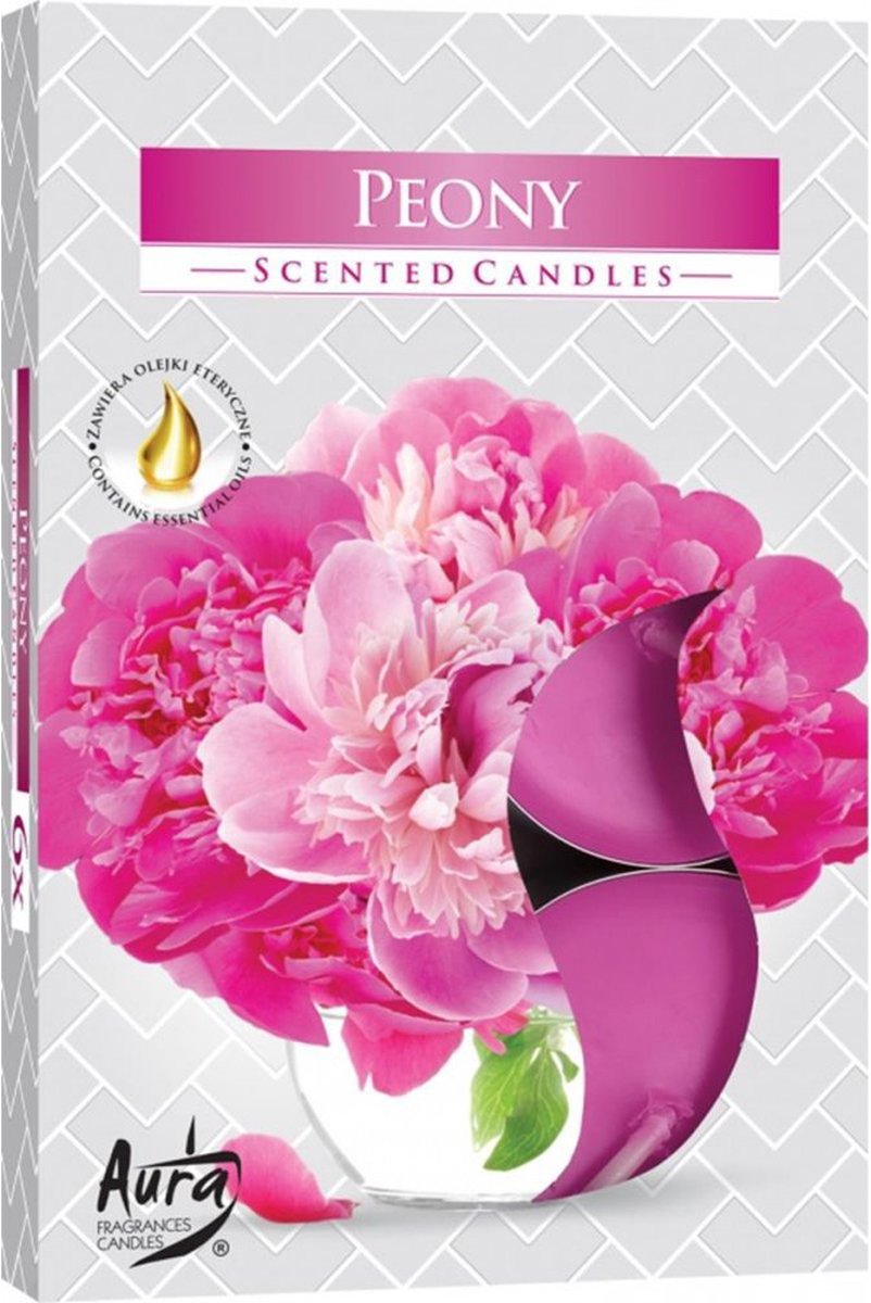 Aura - Geur Theelichtjes / Geurkaarsen / Geur Waxinelichtjes / Scented Candles - Pioen/Peony - 1 doosje met 6 waxinelichtjes