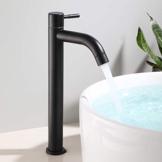 Robinet Lavabo Eau Froide Haut 30 Cm Noir Brossé – Mitigeur Monobloc Acier Inox Moderne Pour Vasque Surélevée