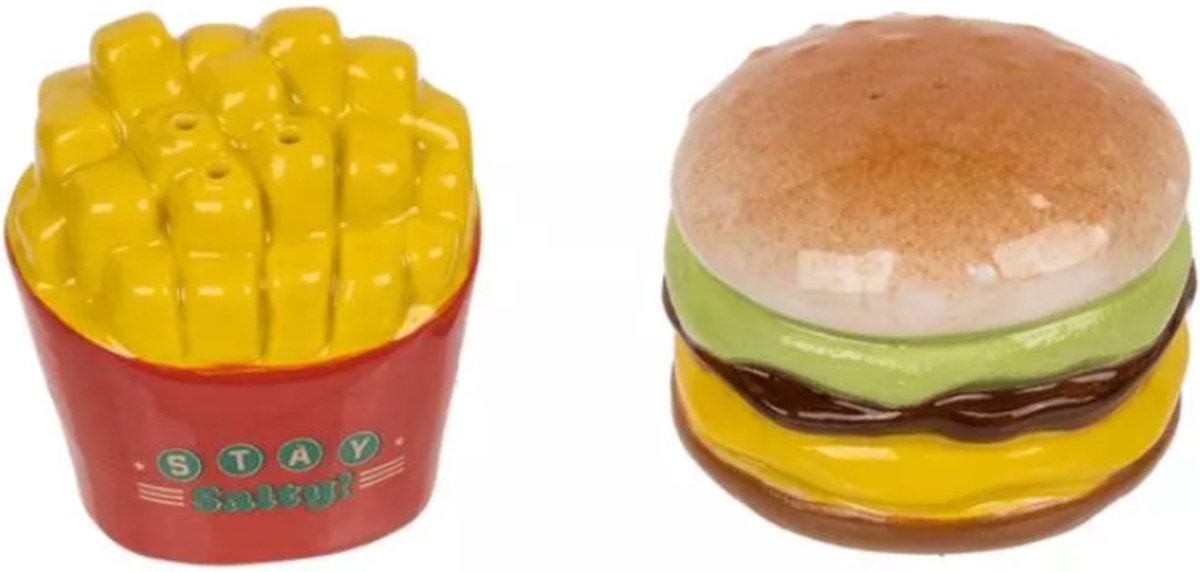 Peper en zoutstel - burger en frietjes - peper en zoutstelletje hamburger en patat fries - 5,5 x 4,5 cm - funcadeau schoencadeau - kerst cadeau tip