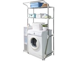 Opbergplank Toilet Boven de Wasmachine - Opbergrek Badkamer Ruimtebespaarder - 2 Planken Wasruimte Organizer met Ophangstang - Eenvoudige Montage - Verstelbare (62-101) x 173 x 48 cm Ivoor Wasmachine rek