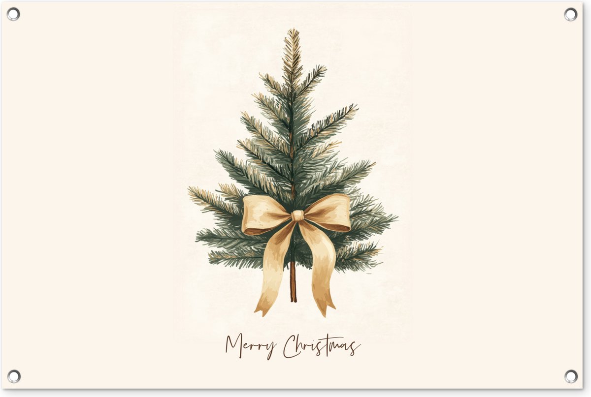Tuinposter 90x60 cm - Tuindecoratie Kerstboom - Kerst - Merry Christmas - Beige - Poster voor in de tuin - Buiten decoratie - Schutting tuinschilderij - Tuindoek muurdecoratie - Wanddecoratie balkondoek - Kerstversiering - Christmas tree decorations