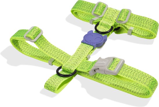 Harnais H Zee.Dog vert vif avec un emblème tête de mort violet et des détails réfléchissants.