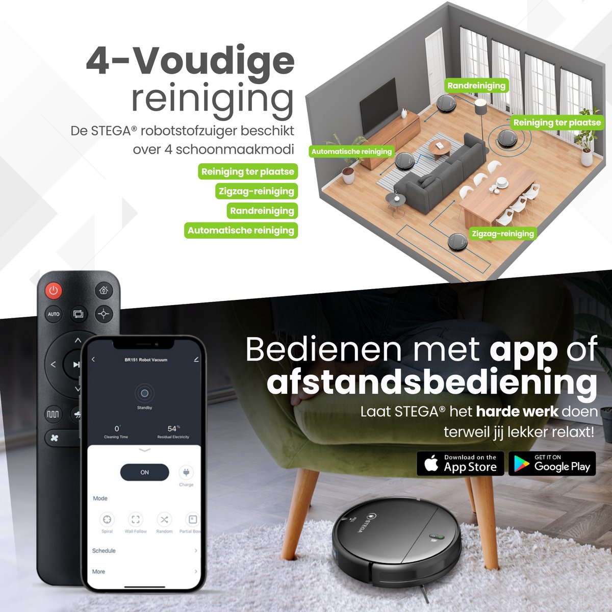 Afbeelding 3 van STEGA® RC1400 Robotstofzuiger Met Laadstation - Met Dweilfunctie - Huisdieren - Met App - 110 minuten