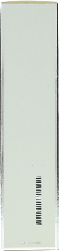 Witte zijkant van een Hugo Boss parfumdoos met barcode en website.