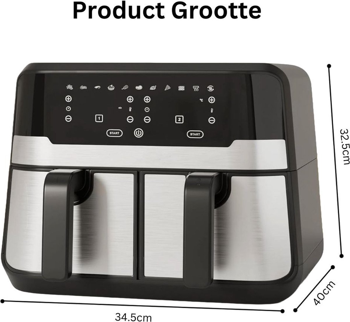 Afbeelding 2 van White-label® Dubbele Airfryer XXXL - Duo Heteluchtfriteuse - Geschikt voor Accessoires - 9L - Zwart en Zilver