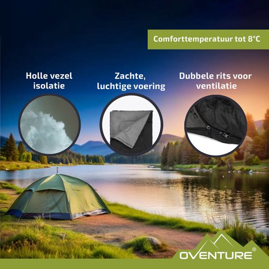 Oventure SleepPlus slaapzak - 190 x 80 cm - 3-seizoenen slaapzak - Comfortabel tot 8 °C - Voor kamperen, logeren en festivals - Zacht en luchtig materiaal - Geschikt voor volwassenen en kinderen - Met draagtas - Zwart van Oventure — afbeelding 5