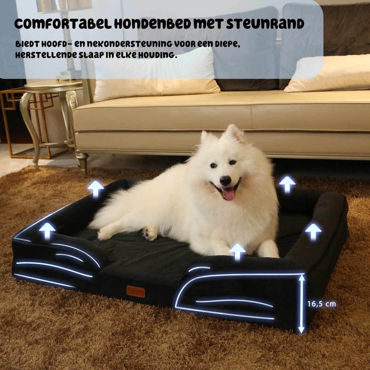 JAXY - Orthopedisch Hondenbed - Hondenmand - Hondensofa - Anti-Slip en Wasbaar - 107 x 81 x 16,5 x 16,5 - XL - Zwart thumbnail 2