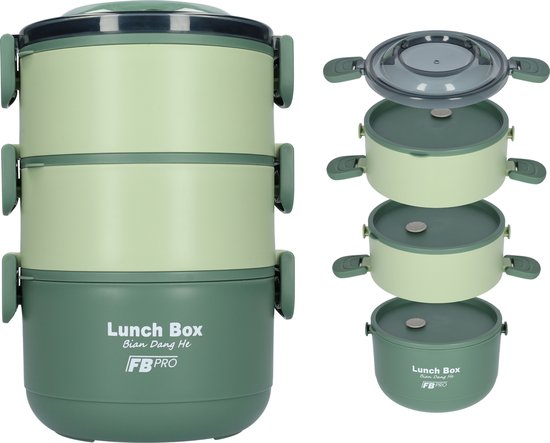 Lunchbox - 3-in-1 - Vershouddoos - RVS vershoudbakjes - Lucht- en waterdicht - Voor warm en koud eten - Inhoud van 2,2L - Groot formaat - Met deksels en lepel! - Groen