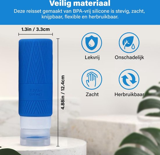 Cailean - Bouteilles de voyage avec étui - 4 Pièces - 100 ml - Barre de recharge - Bagage à main - Silecone - Accessoires de voyage - Ensemble de voyage - Durable - Bouteilles de voyage