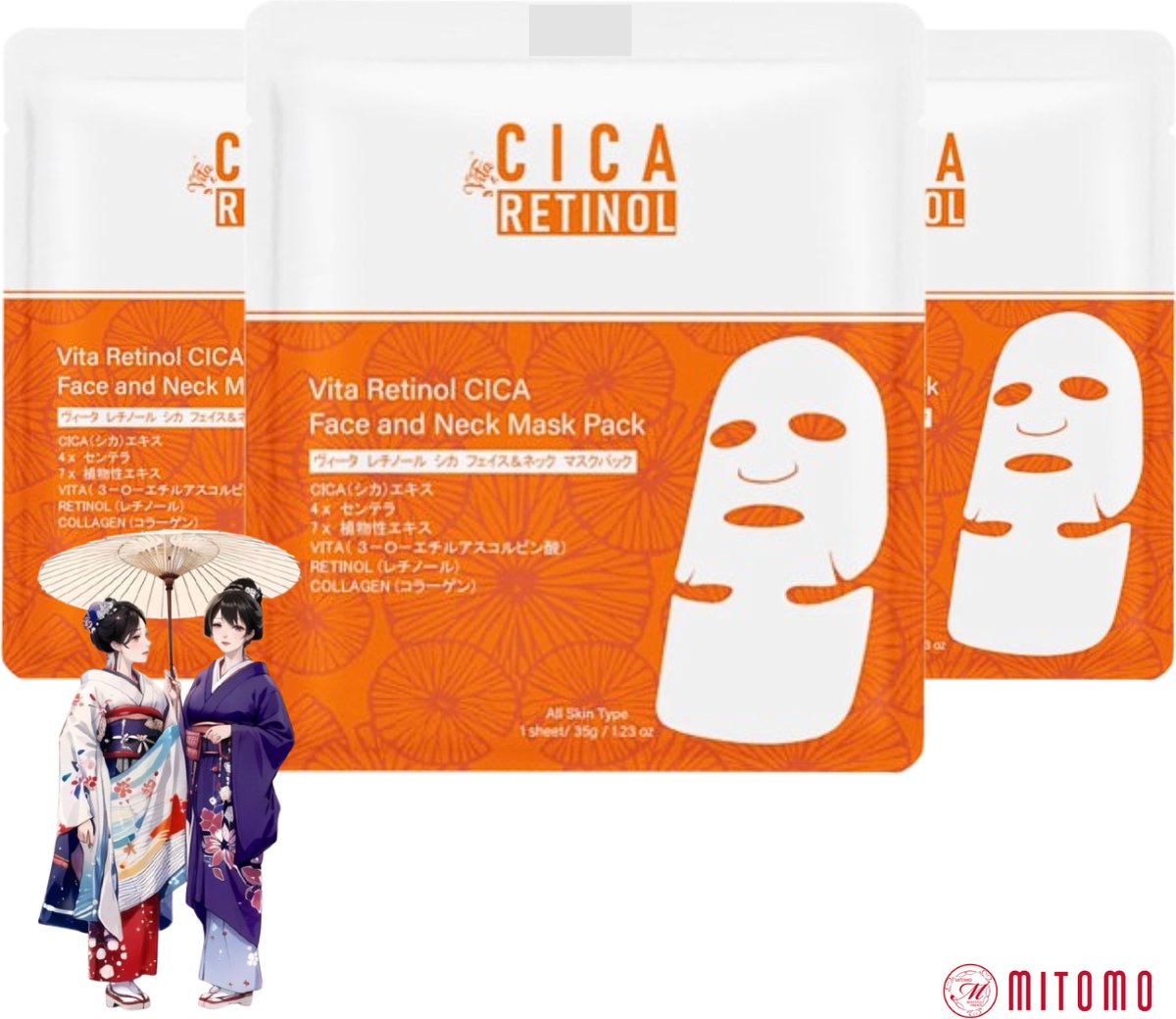 Goedkoopste Mitomo - Cica Vita Retinol Gezichtsmasker - Retinol Masker - Voor Gezicht en Hals - Anti Aging Sheet Mask - 3 x 35g