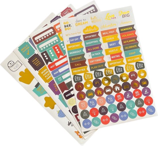Planner Stickers Set – 4 vel 206 Stickers – Folie & Beschrijfbaar – Quotes, Icoontjes & Leuke afbeeldingen