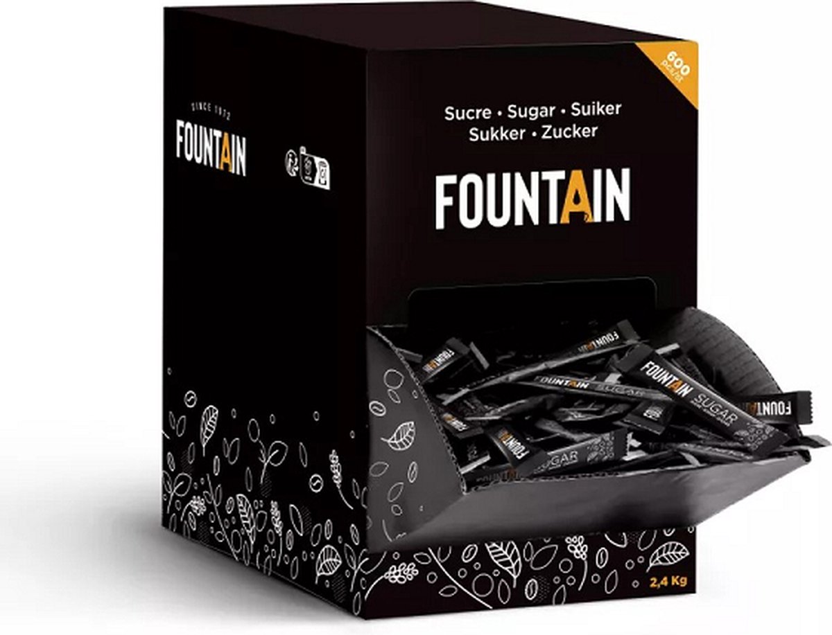 Fountain  Suikersticks  -individeel verpakte suikersticks in een zelfbedieningsdoos. Witte suiker in individuele dosissen, perfect voor een kopje koffie- 4gram X 600 stuks.