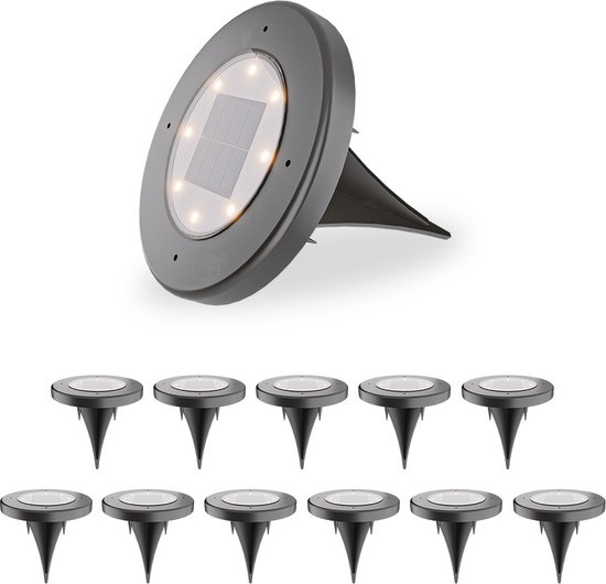 HOFTRONIC - 12x Ellis Solar Grondspots Buiten Zwart - 8 LEDs - IP65 waterdicht - Solar tuinverlichting - Incl. Schemerschakelaar - tuinspot zonneenergie