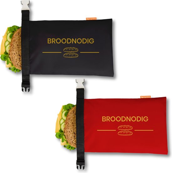 BREADNODIG® - Lot de 2 sacs à sandwich réutilisables - fabriqués à partir de bouteilles en PET 100 % recyclées - Sac à lunch - Film alimentaire - Boîte à pain - Convient également comme sac de congélation - 30x20cm - Zwart & Rouge
