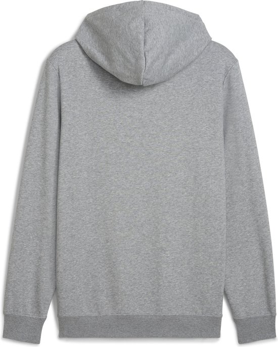 Achterkant van een grijze PUMA hoodie met capuchon en lange mouwen.