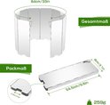 Afmetingen van het aluminium windscherm: uitgevouwen 84 cm, opgevouwen 24,5 cm. Gewicht 259g.