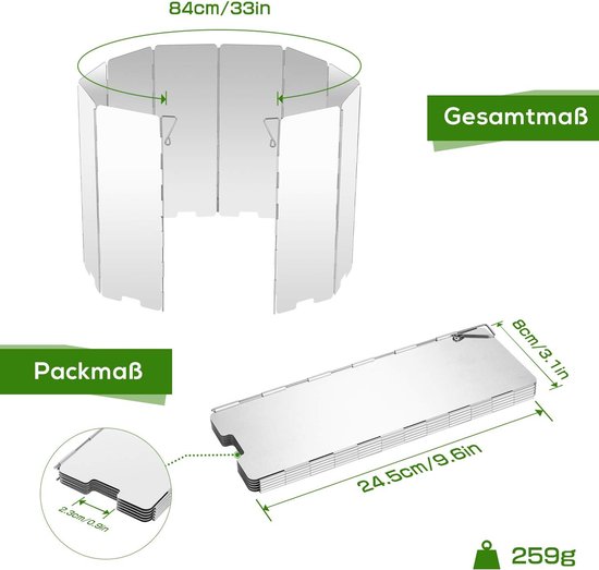 Afmetingen van het aluminium windscherm: uitgevouwen 84 cm, opgevouwen 24,5 cm. Gewicht 259g.