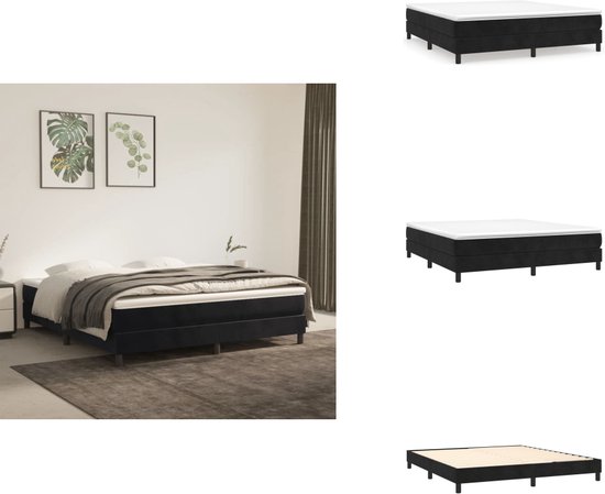 Zwart boxspringbed met witte matras, vierkante poten, gestoffeerde basis, in slaapkamer met planten en dekens.