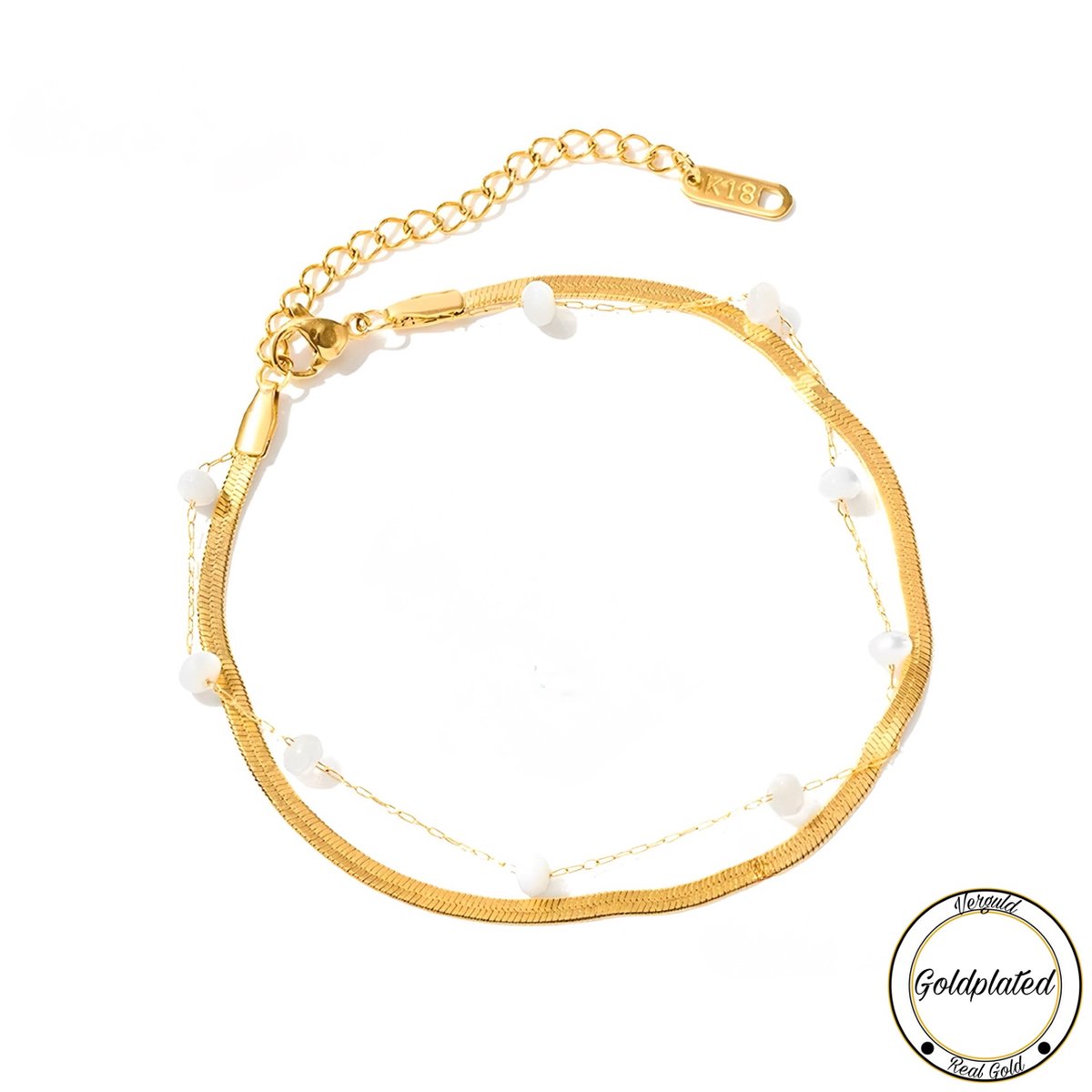 Platte Enkelband Goudkleurig | Wit Kraaltjes | Goldplated | Dames Sieraden | Enkelband | Dames Sieraden |