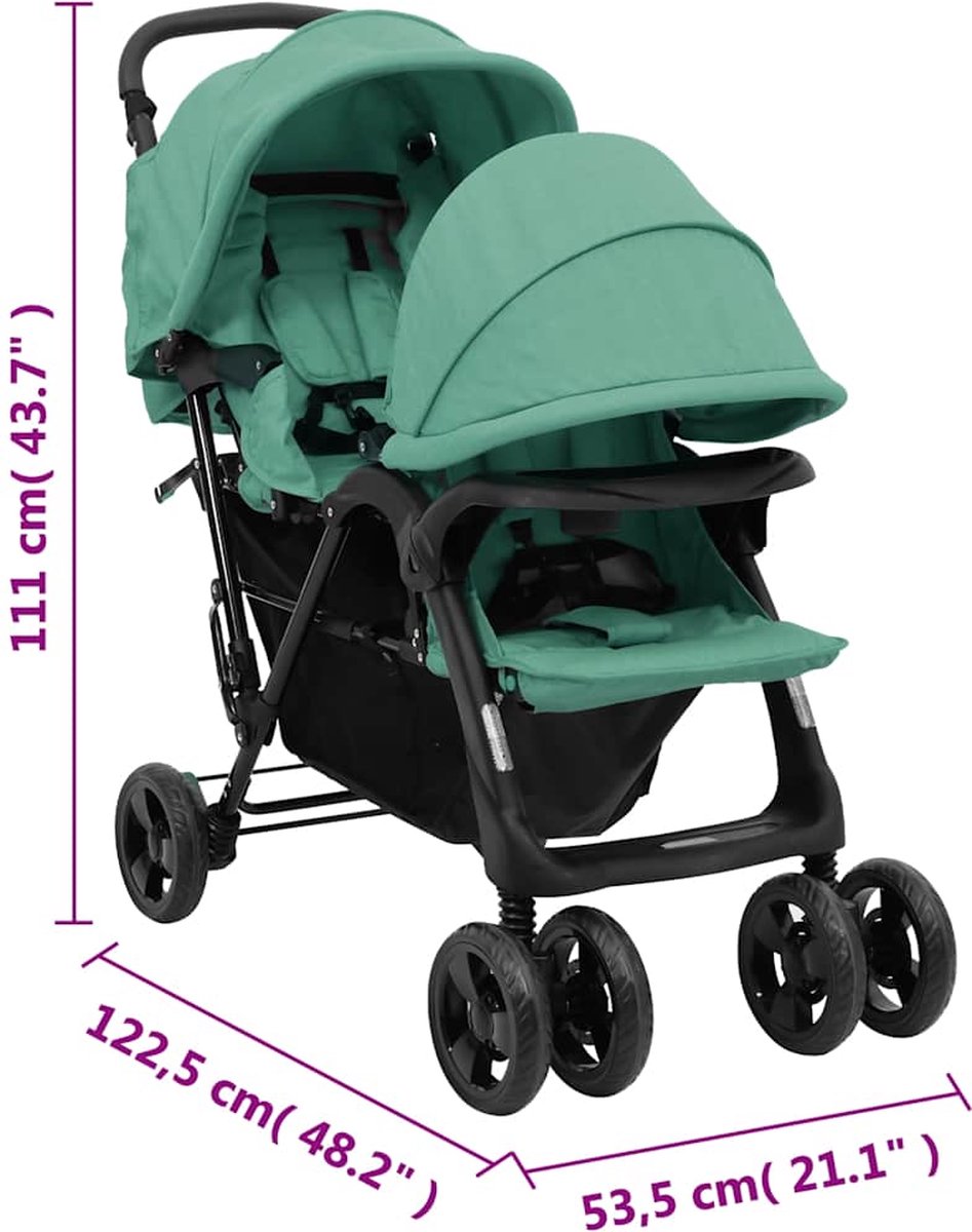 vidaXL Tandem Kinderwagen Luxe Groen Staal - afbeelding 3
