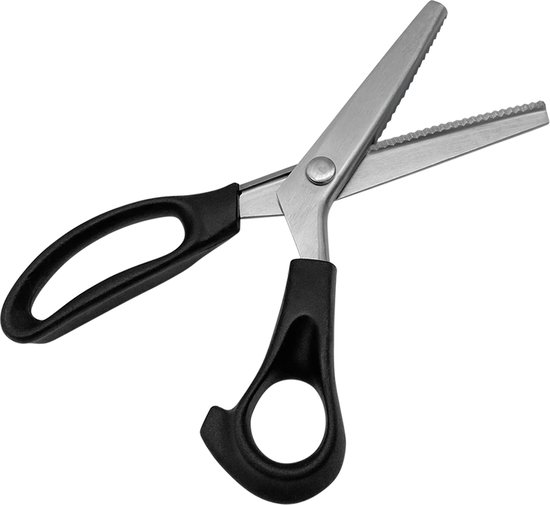 Klus schaar met zwart handvat en metalen gekarteld mes.