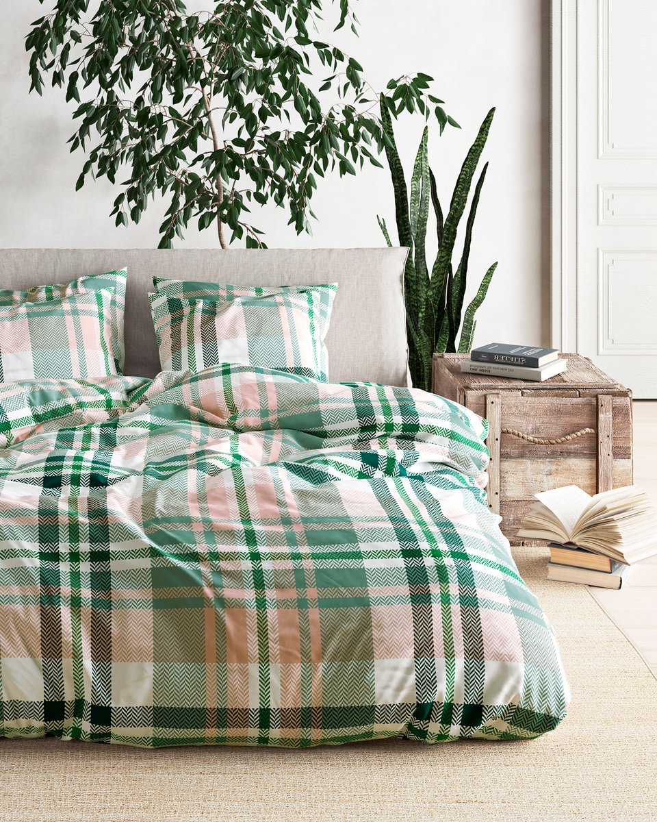 Mistral Home - DEKBEDOVERTREK - katoenviscose - 140 x 200 cm + 65 x 65 cm - eenpersoons - ruiten - groen- Duurzaam